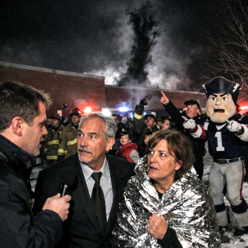 A reporter interviews Principal Ramone and Band Director D'Andruzzi outside the scene of the incident